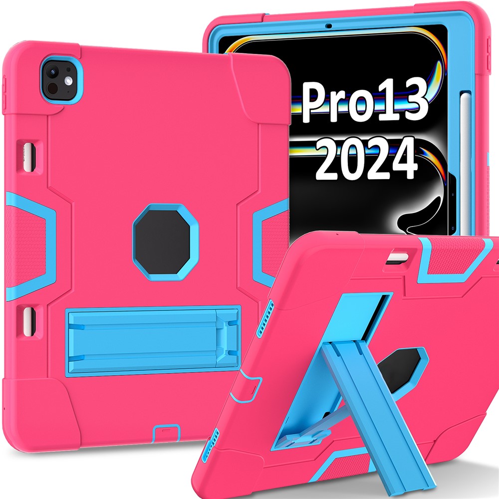 For iPad Pro 13 (2025) / 13 (2024) Case Robot Style Silicone + PC Tablet Cover with Kickstand - Rose / Blue