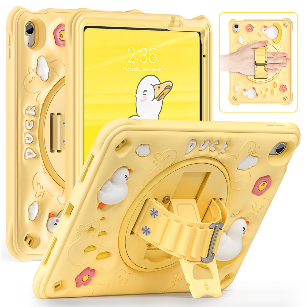 For iPad (2025) / 10.9 (2022) Case Duck Pattern Hand Strap Kickstand PC+Silicone+TPU Tablet Cover