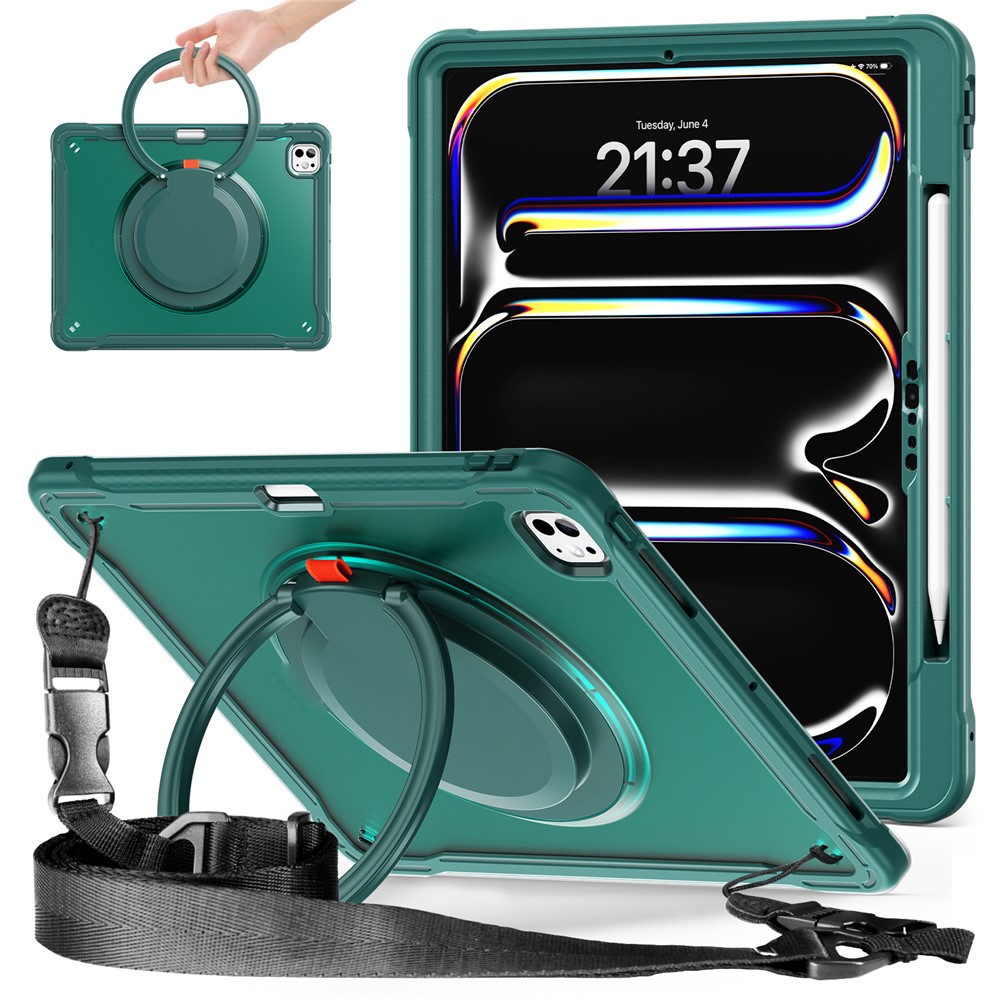 For iPad Pro 13 (2025) / (2024) Case Rotary Kickstand PC+TPU+Silicone Cover with Shoulder Strap - Midnight Green