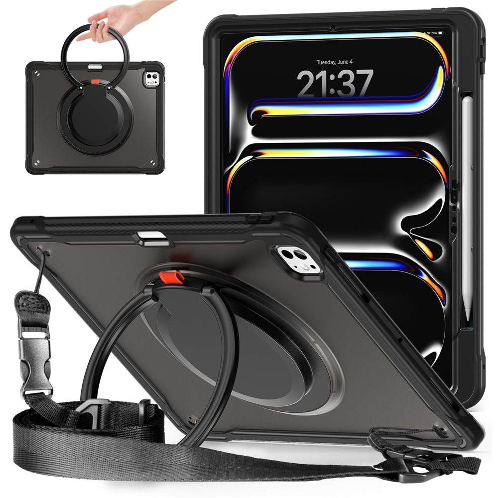 For iPad Pro 13 (2025) / (2024) Case Rotary Kickstand PC+TPU+Silicone Cover with Shoulder Strap - Black