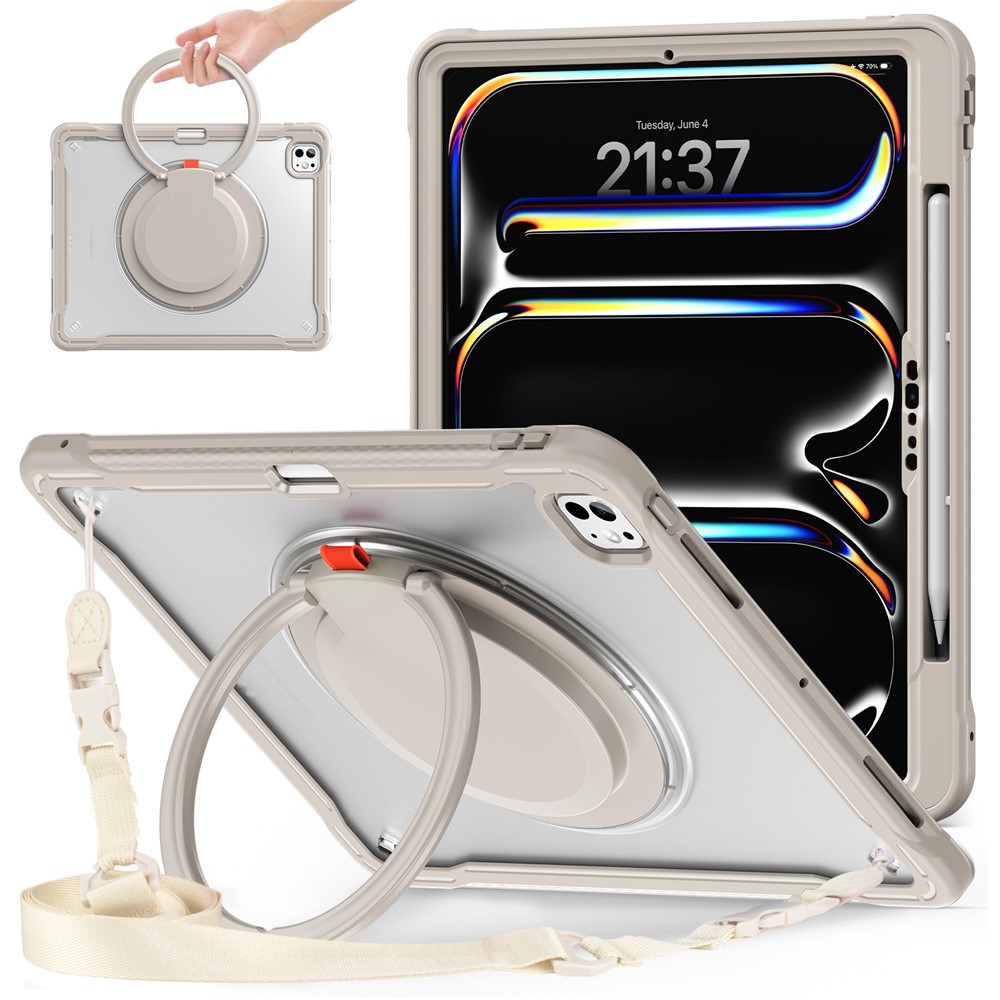 For iPad Pro 13 (2025) / (2024) Case Rotary Kickstand PC+TPU+Silicone Cover with Shoulder Strap - Khaki