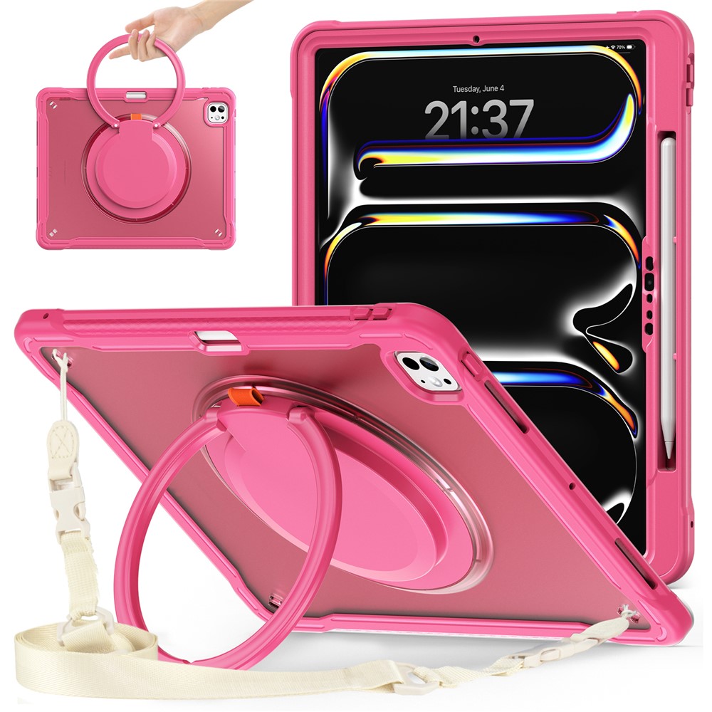 For iPad Pro 13 (2025) / (2024) Case Rotary Kickstand PC+TPU+Silicone Cover with Shoulder Strap - Rose