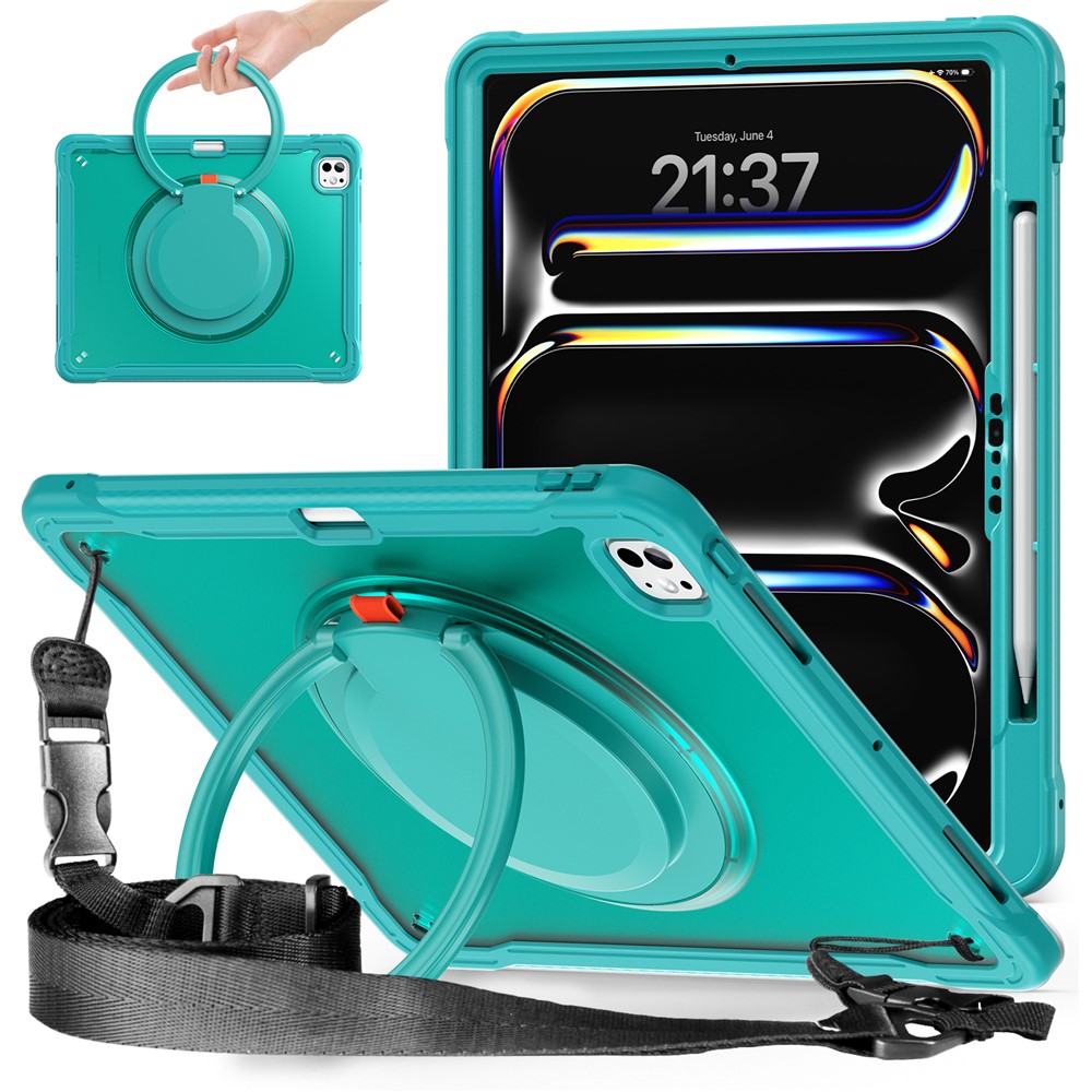 For iPad Pro 13 (2025) / (2024) Case Rotary Kickstand PC+TPU+Silicone Cover with Shoulder Strap - Baby Blue