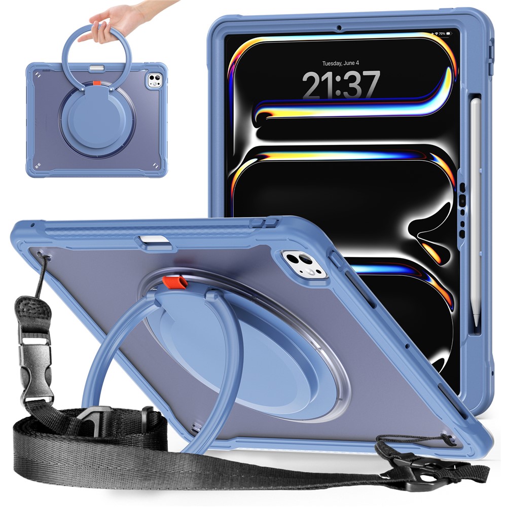 For iPad Pro 13 (2025) / (2024) Case Rotary Kickstand PC+TPU+Silicone Cover with Shoulder Strap - Lavender Grey