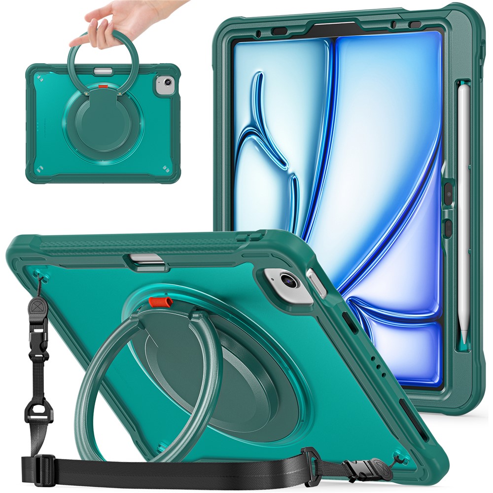 For iPad Air 11 (2025) / (2024) / Air (2022) / (2020) / Pro 11 (2022) / (2021) / (2020) / (2018) Kickstand Cover with Shoulder Strap - Midnight Green