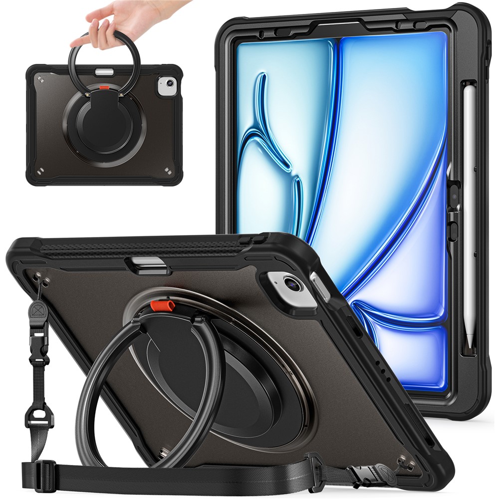 For iPad Air 11 (2025) / (2024) / Air (2022) / (2020) / Pro 11 (2022) / (2021) / (2020) / (2018) Kickstand Cover with Shoulder Strap - Black