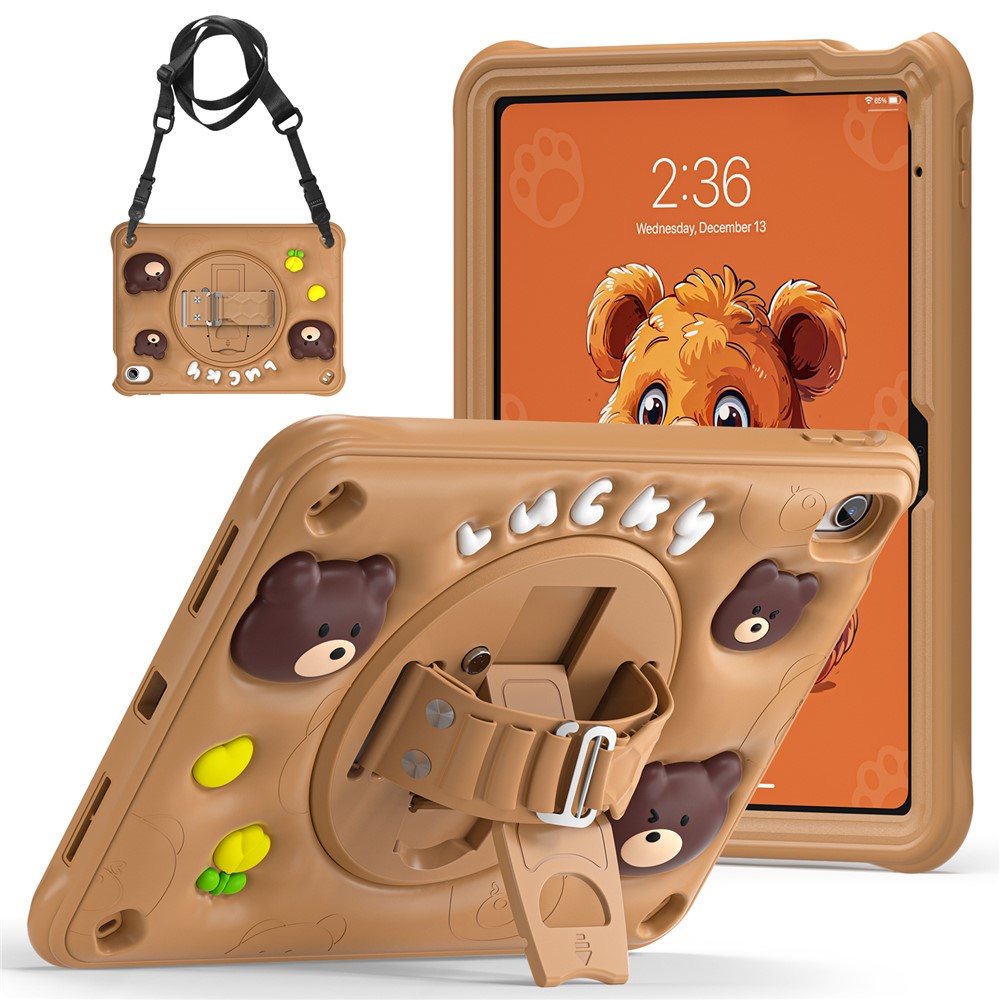 For iPad (2025) / 10.9 (2022) Case with Shoulder Strap Bear Pattern PC+Silicone+TPU Kickstand Tablet Cover