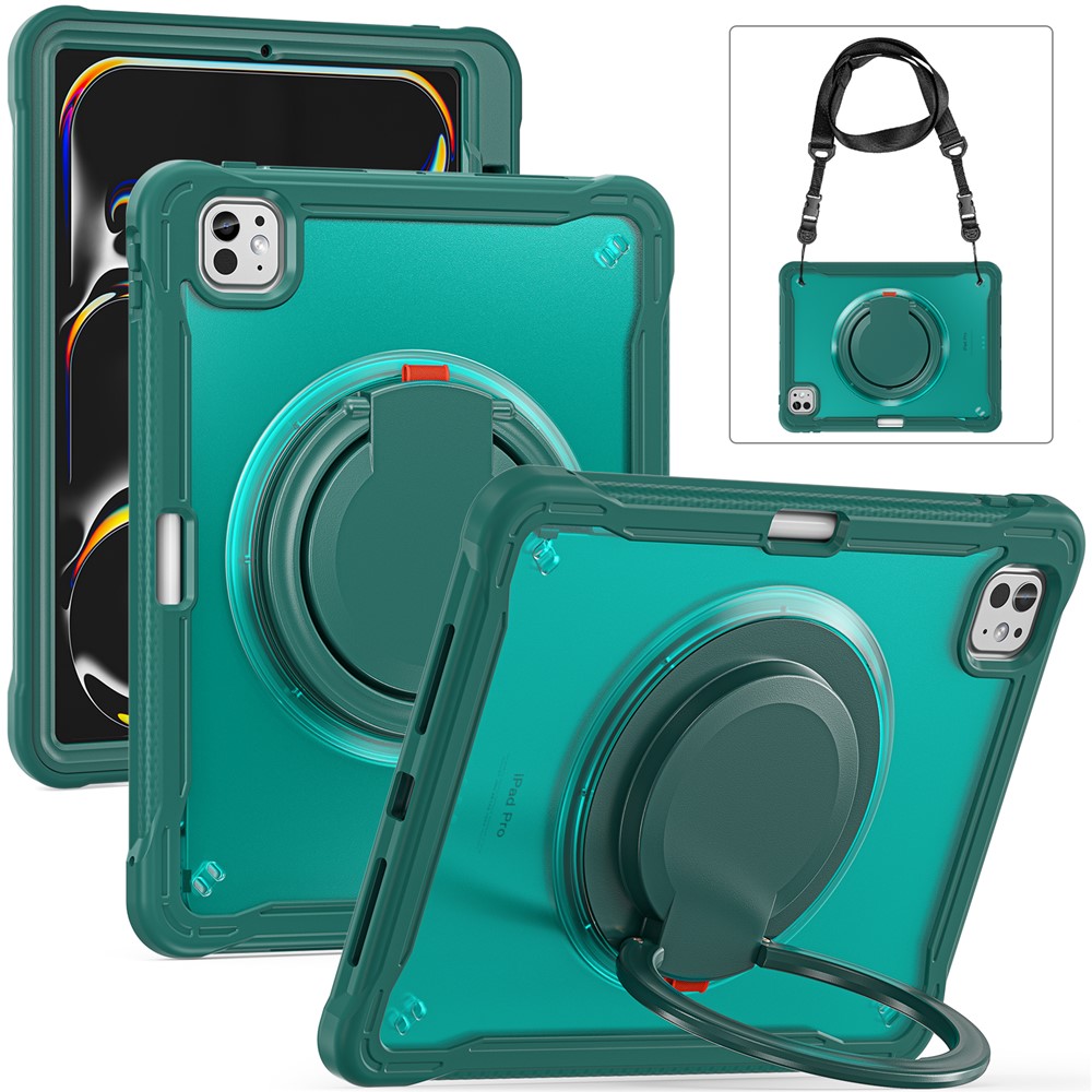 For iPad Pro 11 (2025) / 11 (2024) Case Rotary Kickstand PC+TPU+Silicone Cover with Shoulder Strap - Midnight Green