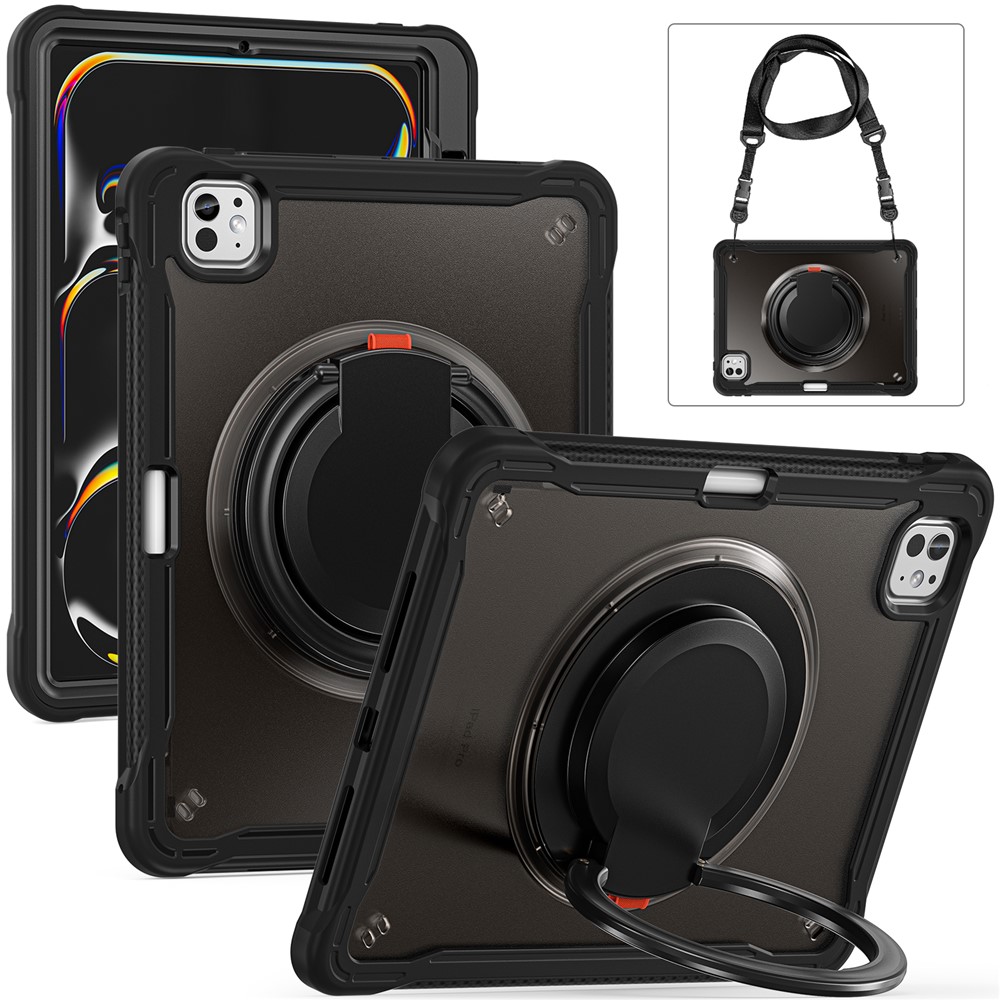 For iPad Pro 11 (2025) / 11 (2024) Case Rotary Kickstand PC+TPU+Silicone Cover with Shoulder Strap - Black