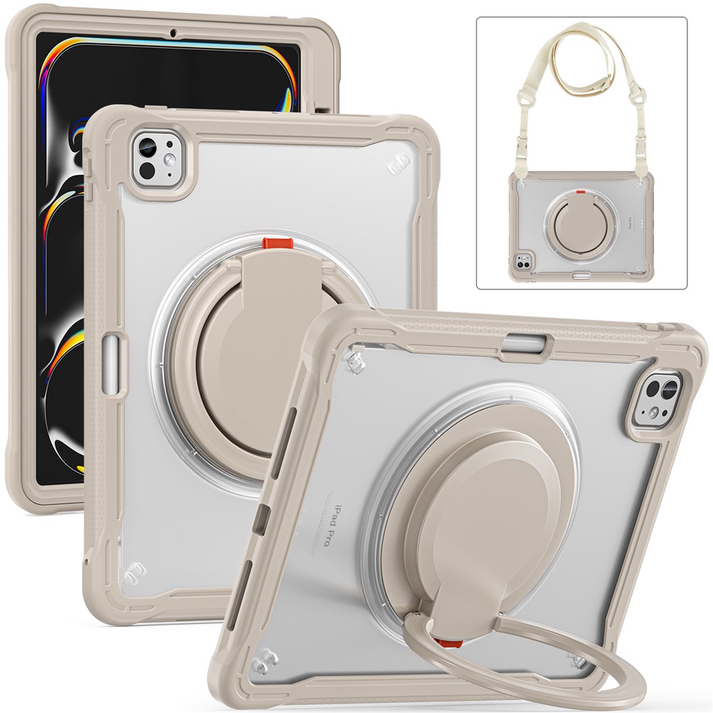For iPad Pro 11 (2025) / 11 (2024) Case Rotary Kickstand PC+TPU+Silicone Cover with Shoulder Strap - Khaki