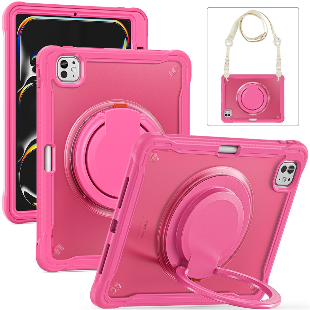 For iPad Pro 11 (2025) / 11 (2024) Case Rotary Kickstand PC+TPU+Silicone Cover with Shoulder Strap - Rose