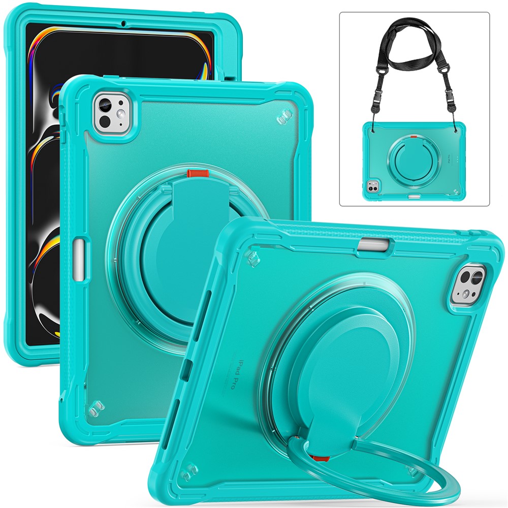 For iPad Pro 11 (2025) / 11 (2024) Case Rotary Kickstand PC+TPU+Silicone Cover with Shoulder Strap - Baby Blue