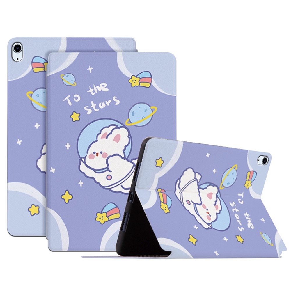 For iPad Air (2022)/(2020) Shockproof Stand Tablet Case Cartoon Pattern Printing PU Leather Auto Wake/Sleep Protective Cover - Space Rabbit