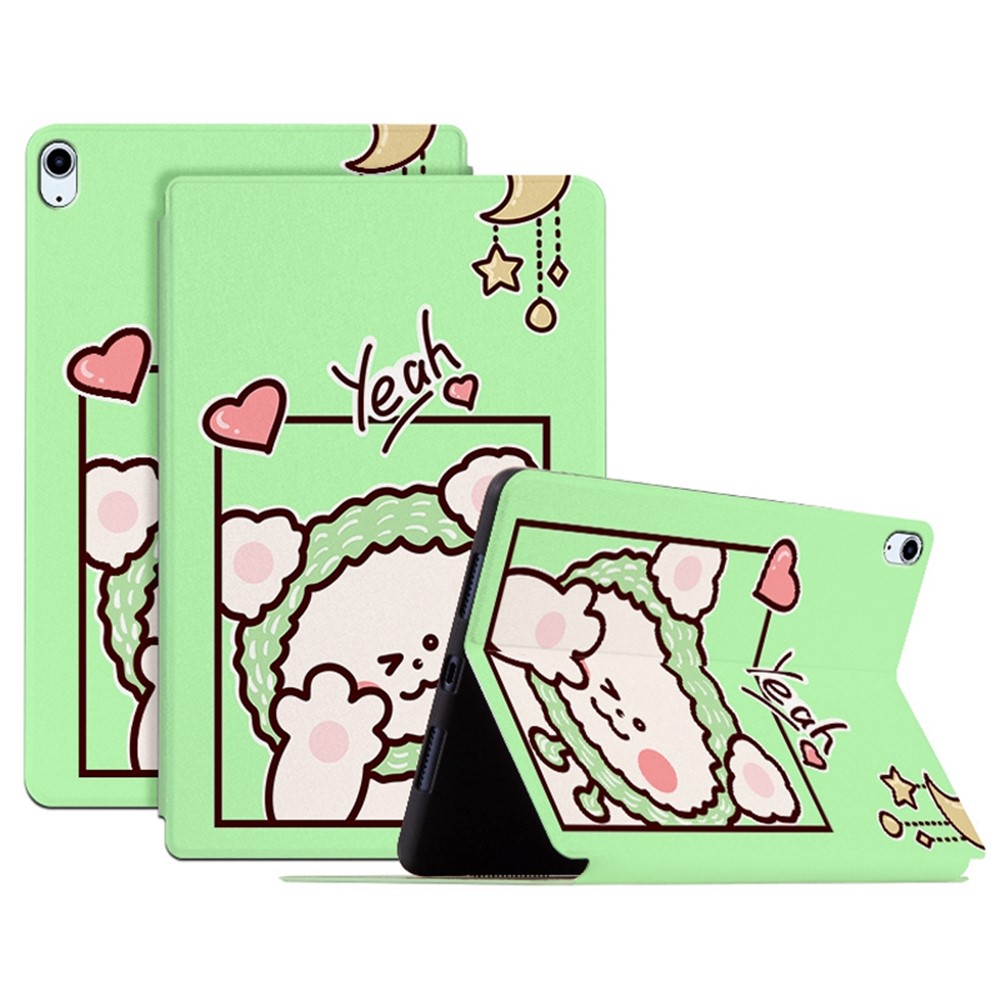 For iPad Air (2022)/(2020) Shockproof Stand Tablet Case Cartoon Pattern Printing PU Leather Auto Wake/Sleep Protective Cover - Green Bear/Yeah