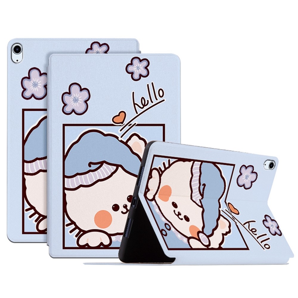 For iPad Air (2022)/(2020) Shockproof Stand Tablet Case Cartoon Pattern Printing PU Leather Auto Wake/Sleep Protective Cover - Blue Cat/Hello