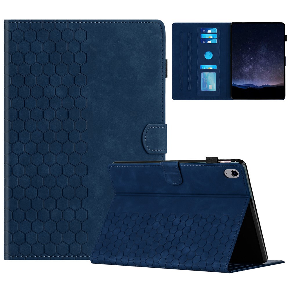 For iPad mini (2024) / mini (2021) Case Honeycomb Printed Leather Tablet Cover with Card Slot - Blue