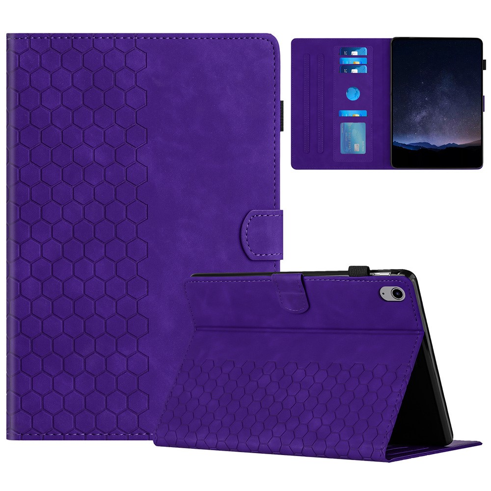 For iPad mini (2024) / mini (2021) Case Honeycomb Printed Leather Tablet Cover with Card Slot - Purple
