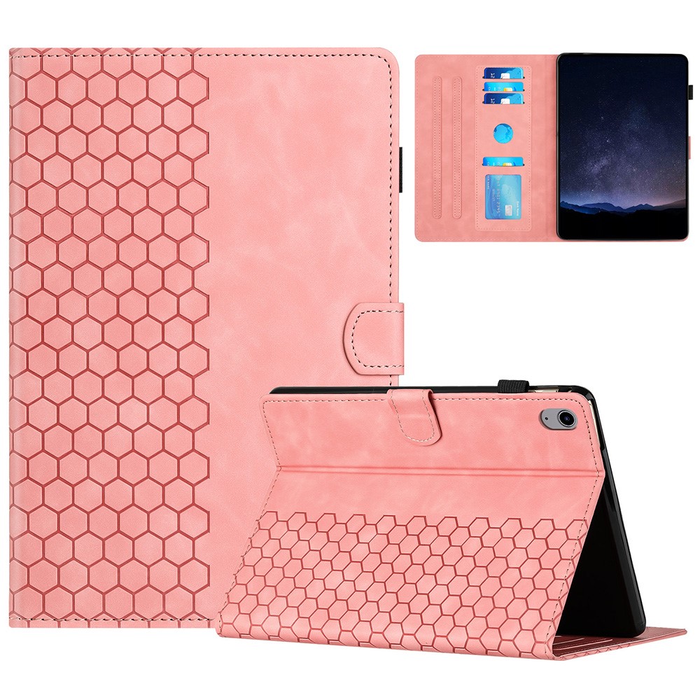 For iPad mini (2024) / mini (2021) Case Honeycomb Printed Leather Tablet Cover with Card Slot - Pink