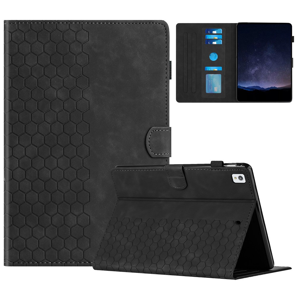 For iPad 10.2 (2021)  /  (2020)  /  (2019) Case Honeycomb Printed Leather Tablet Cover with Card Slot - Black