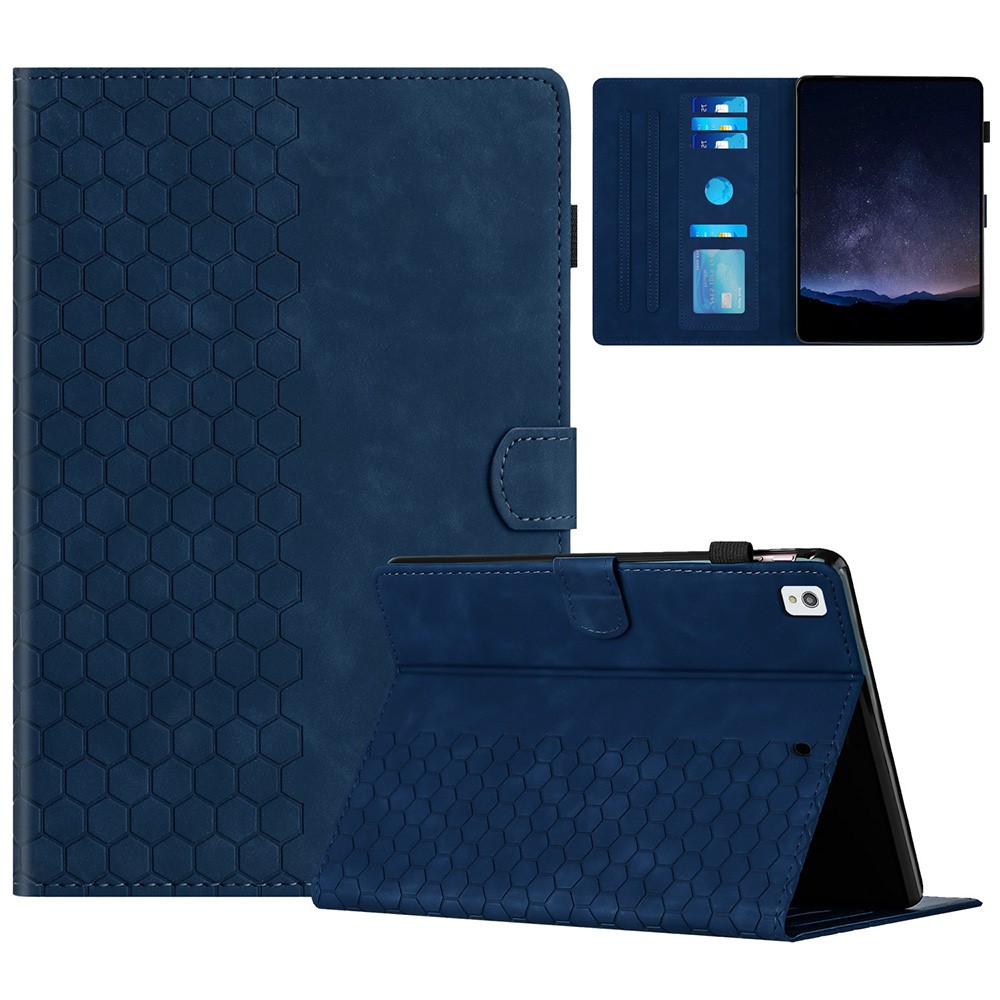 For iPad 10.2 (2021)  /  (2020)  /  (2019) Case Honeycomb Printed Leather Tablet Cover with Card Slot - Blue
