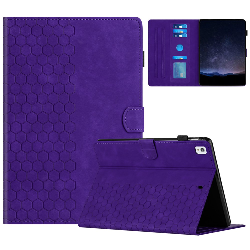 For iPad 10.2 (2021)  /  (2020)  /  (2019) Case Honeycomb Printed Leather Tablet Cover with Card Slot - Purple