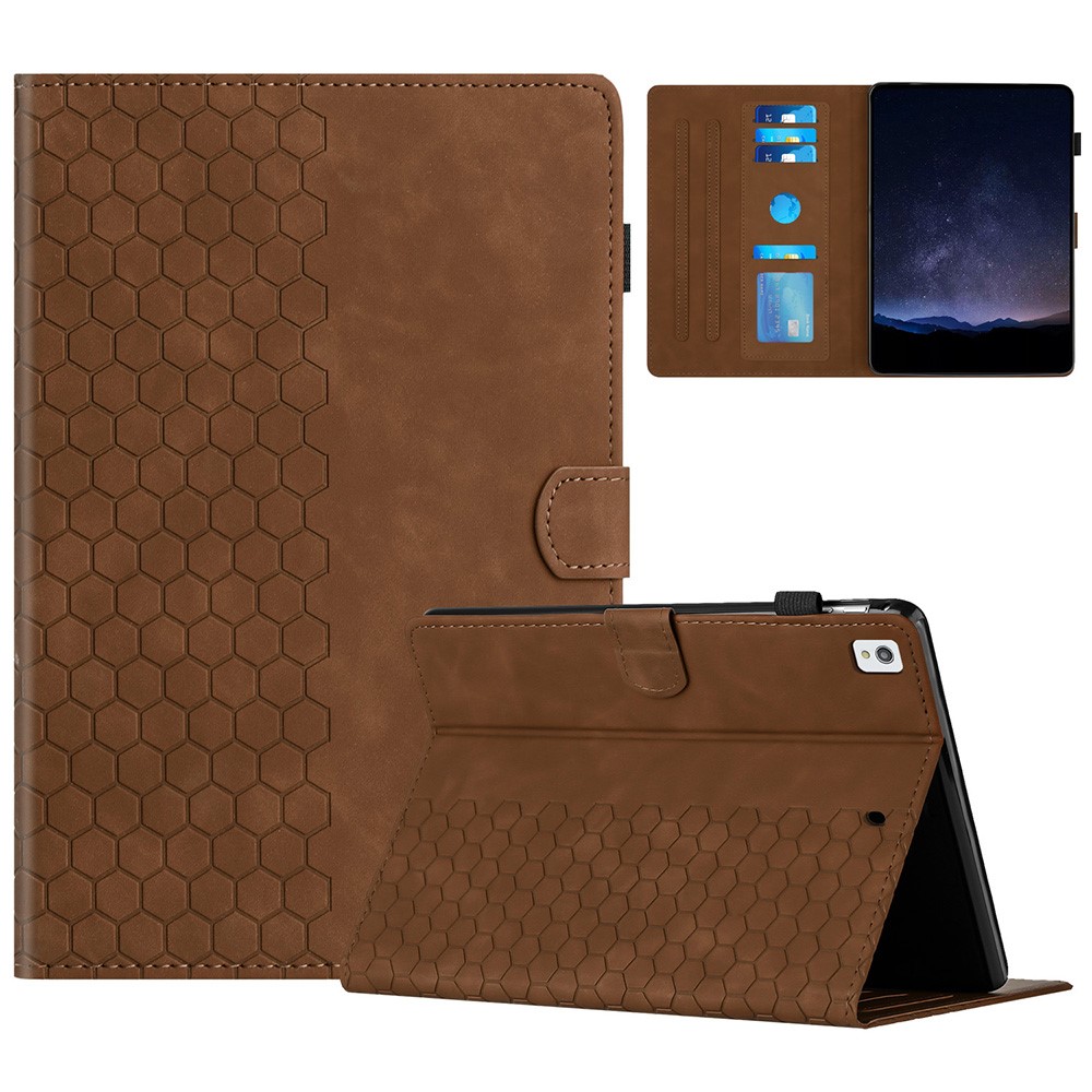 For iPad 10.2 (2021)  /  (2020)  /  (2019) Case Honeycomb Printed Leather Tablet Cover with Card Slot - Brown