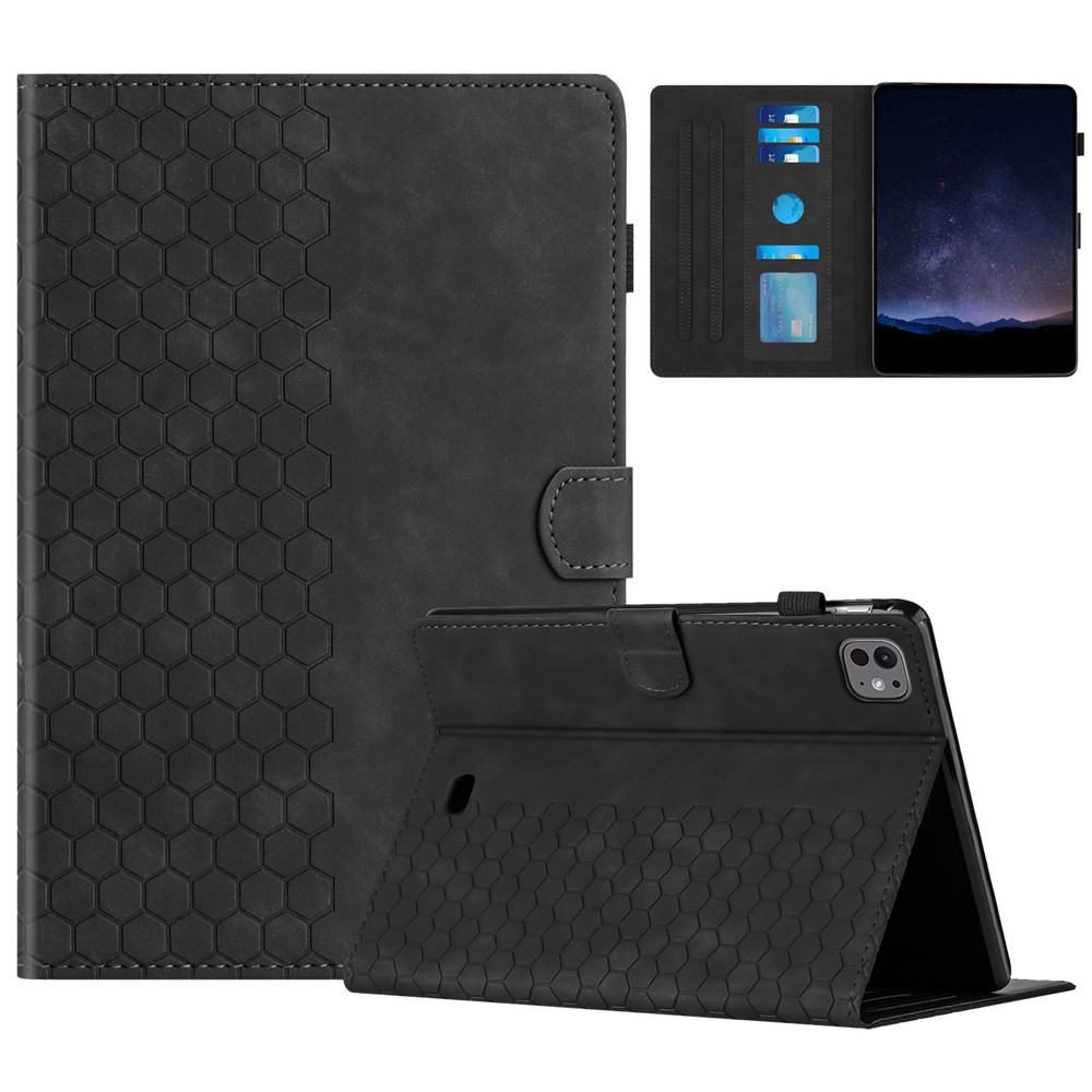 For iPad Air 11 (2025) / (2024) / Air (2022) / (2020) / Pro 11 (2022) / (2021) / (2020) / (2018) Case Honeycomb Printed Leather Tablet Cover - Black