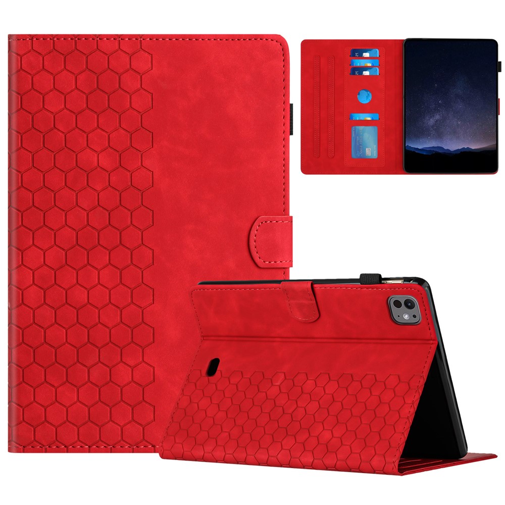For iPad Air 11 (2025) / (2024) / Air (2022) / (2020) / Pro 11 (2022) / (2021) / (2020) / (2018) Case Honeycomb Printed Leather Tablet Cover - Red