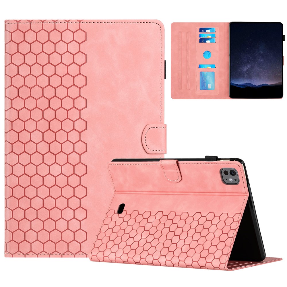 For iPad Air 11 (2025) / (2024) / Air (2022) / (2020) / Pro 11 (2022) / (2021) / (2020) / (2018) Case Honeycomb Printed Leather Tablet Cover - Pink