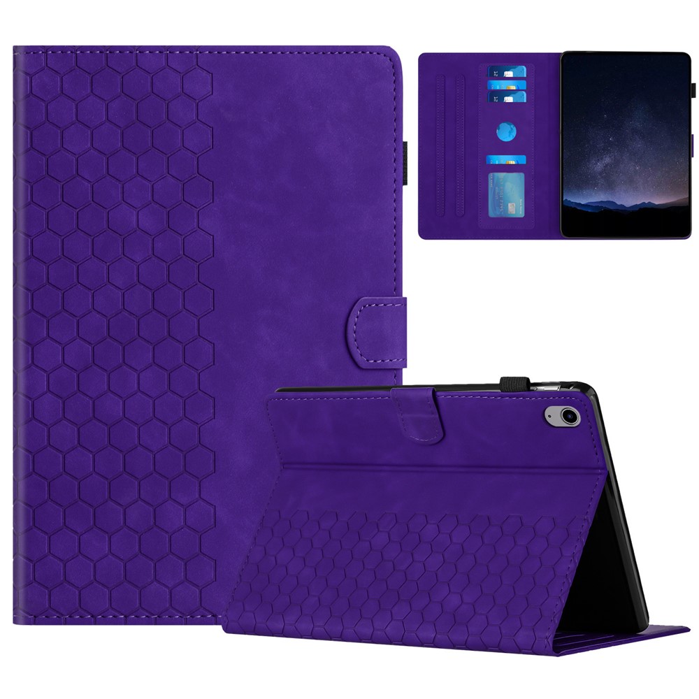 For iPad (2025) / 10.9 (2022) Case Honeycomb Printed Leather Tablet Cover with Card Slot - Purple
