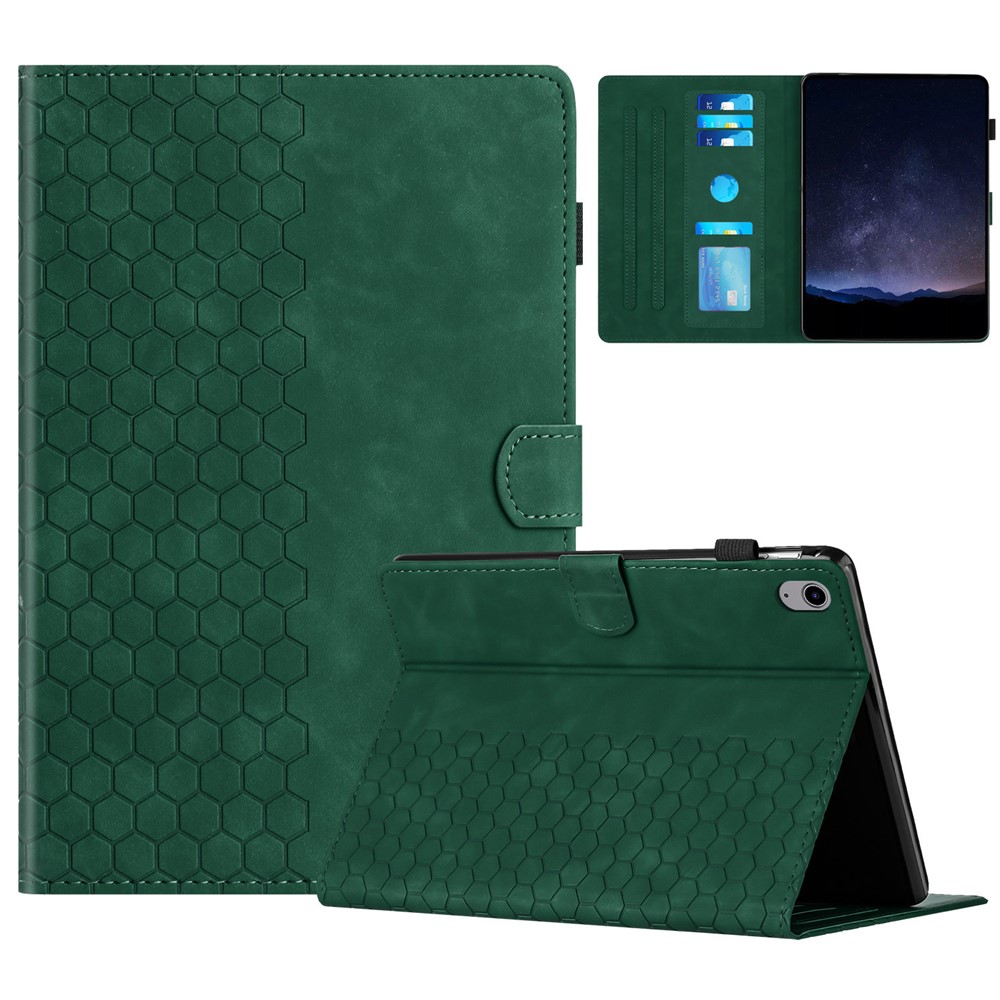 For iPad (2025) / 10.9 (2022) Case Honeycomb Printed Leather Tablet Cover with Card Slot - Green