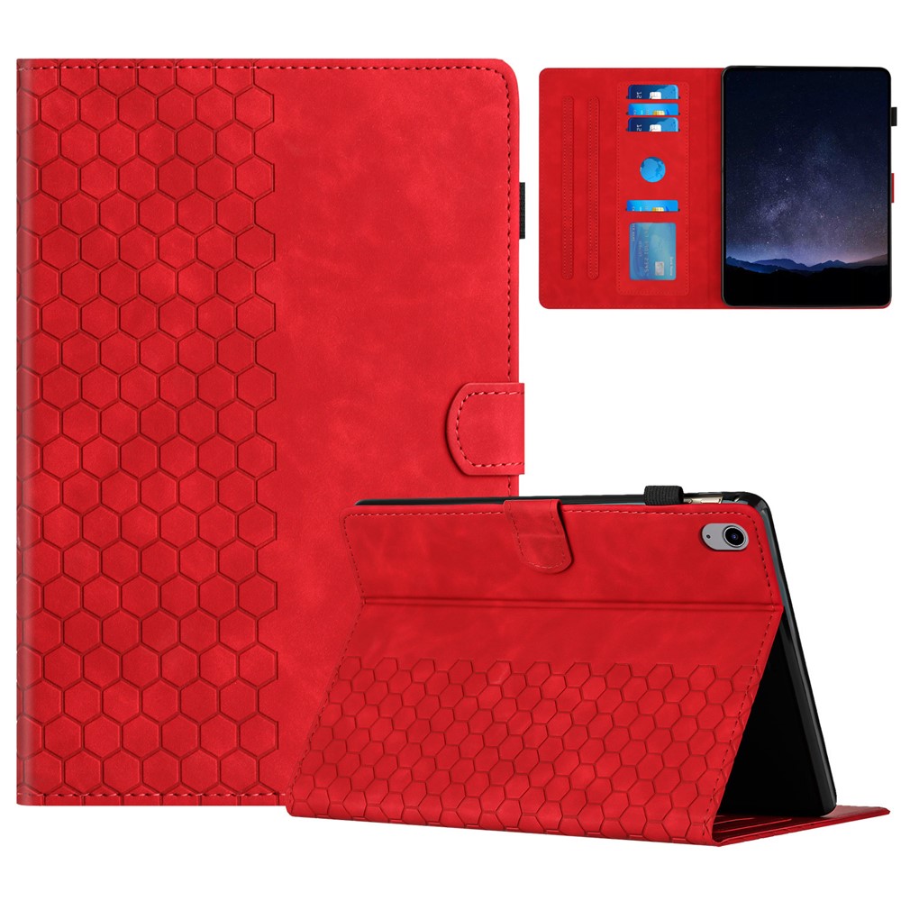 For iPad (2025) / 10.9 (2022) Case Honeycomb Printed Leather Tablet Cover with Card Slot - Red