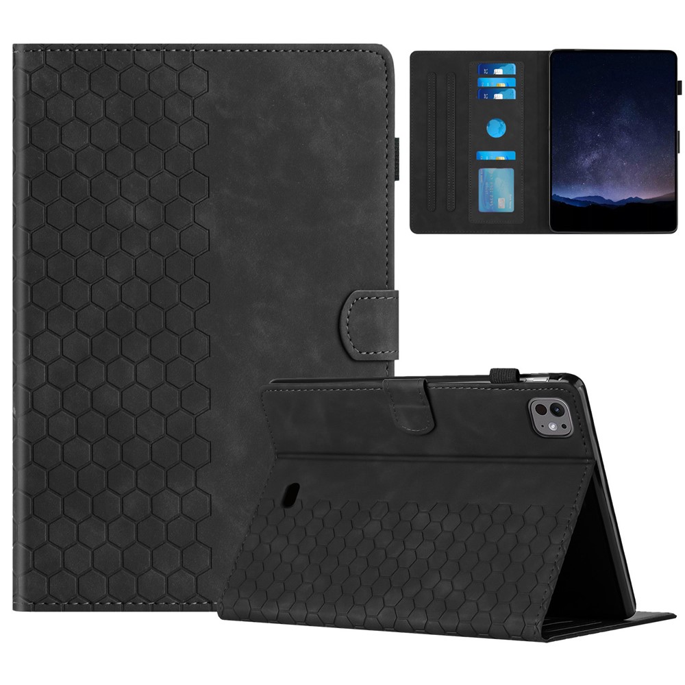 For iPad Pro 11 (2025) / 11 (2024) Case Honeycomb Printed Leather Tablet Cover with Card Slot - Black