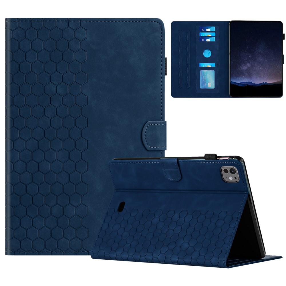 For iPad Pro 11 (2025) / 11 (2024) Case Honeycomb Printed Leather Tablet Cover with Card Slot - Blue