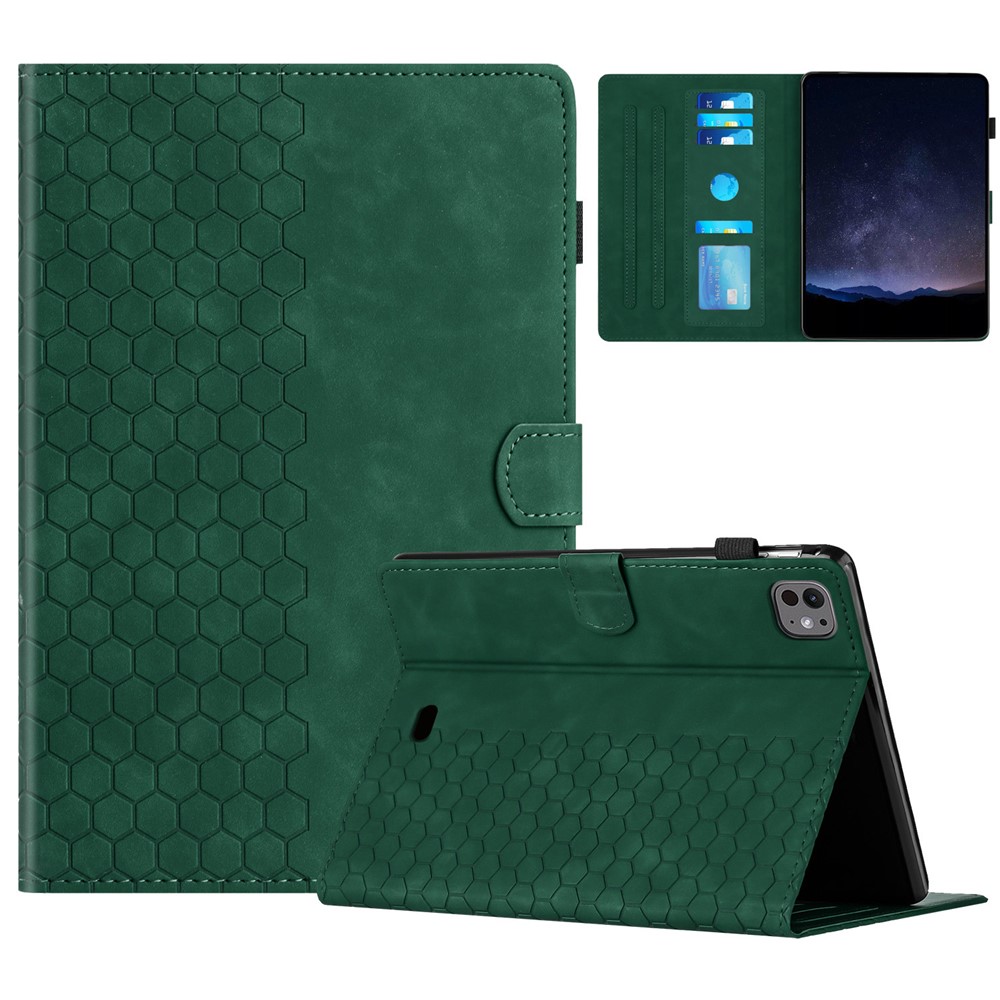 For iPad Pro 11 (2025) / 11 (2024) Case Honeycomb Printed Leather Tablet Cover with Card Slot - Green