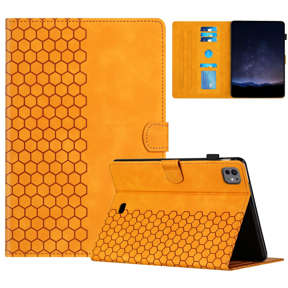 For iPad Pro 11 (2025) / 11 (2024) Case Honeycomb Printed Leather Tablet Cover with Card Slot - Yellow