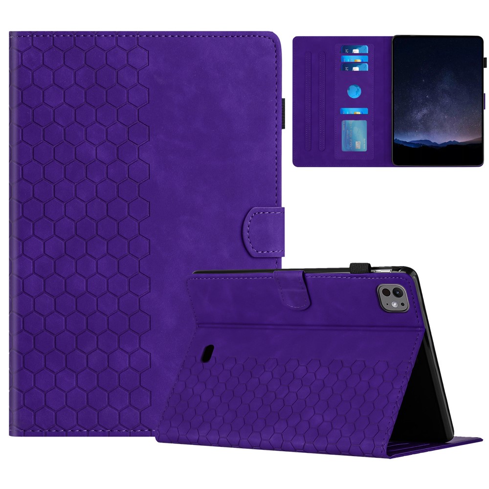 For iPad Pro 11 (2025) / 11 (2024) Case Honeycomb Printed Leather Tablet Cover with Card Slot - Purple