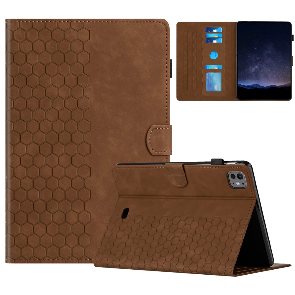 For iPad Pro 11 (2025) / 11 (2024) Case Honeycomb Printed Leather Tablet Cover with Card Slot - Brown