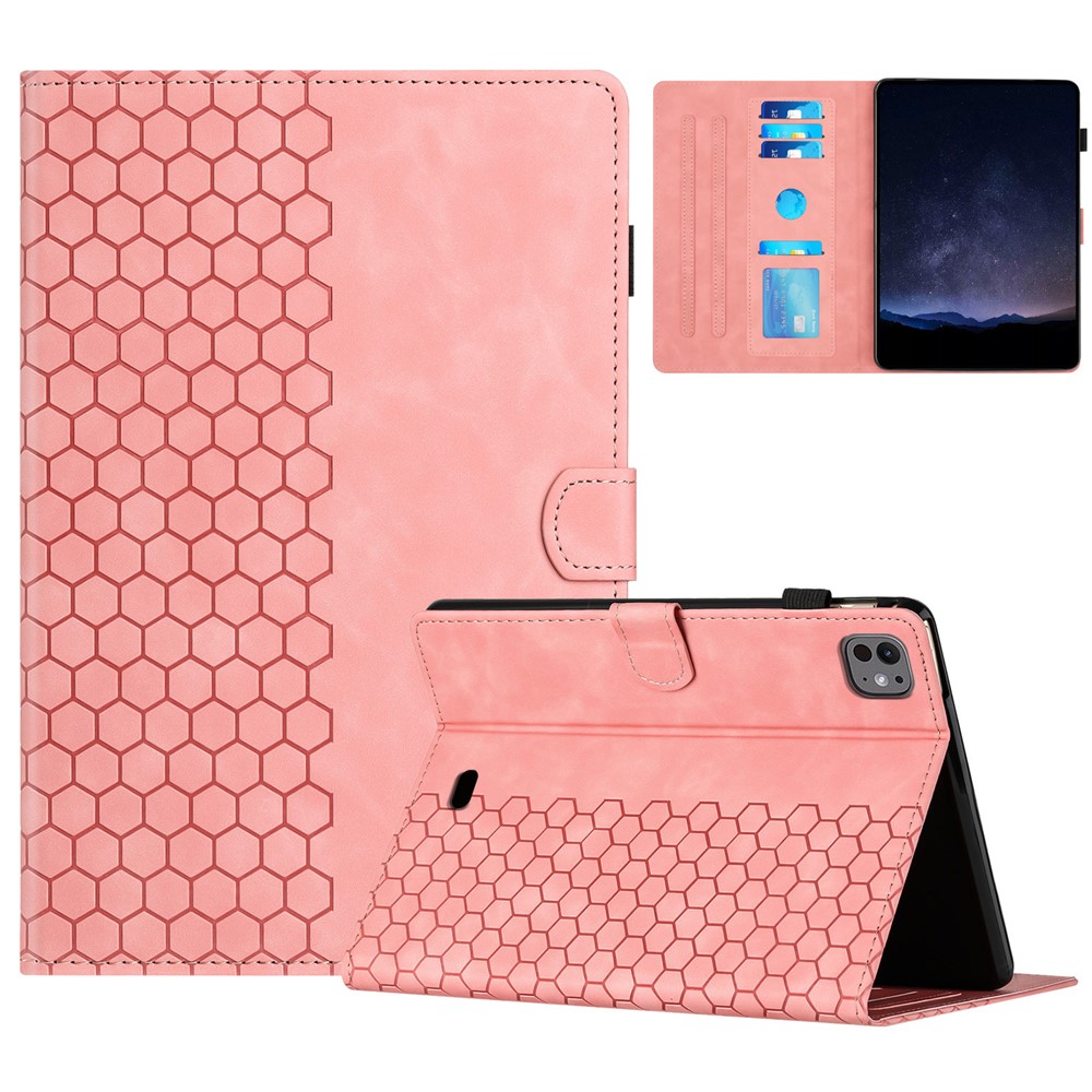 For iPad Pro 11 (2025) / 11 (2024) Case Honeycomb Printed Leather Tablet Cover with Card Slot - Pink