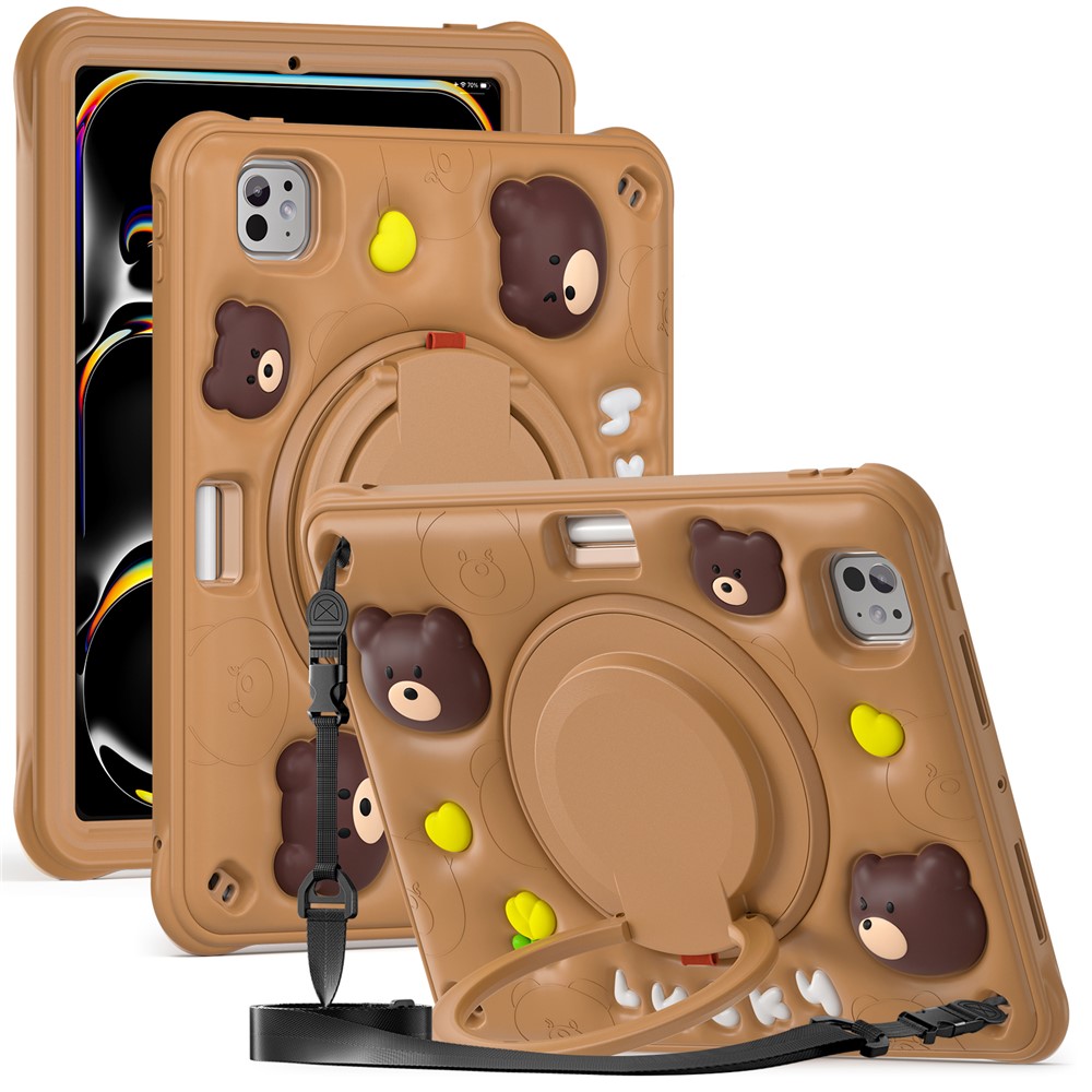 For iPad Pro 11 (2025) / 11 (2024) Case with Shoulder Strap Kickstand PC+Silicone+TPU Cartoon Bear Tablet Cover