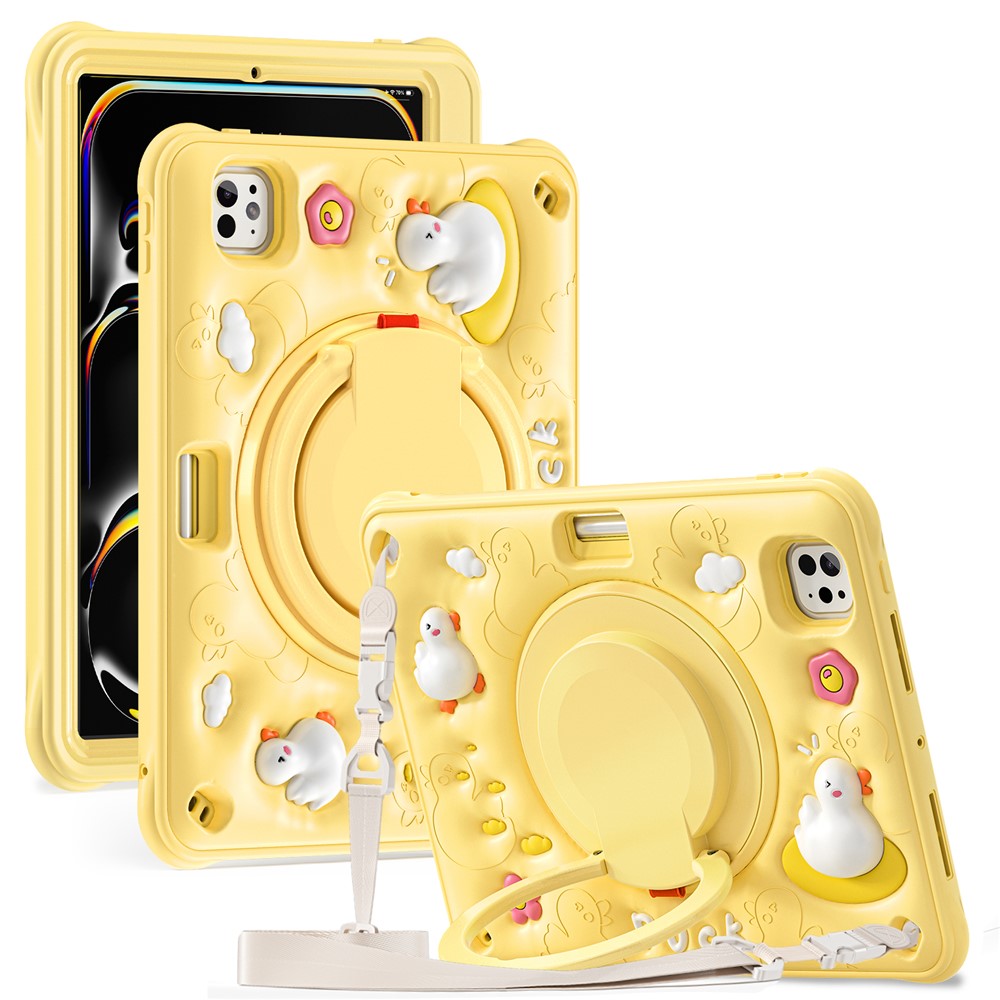 For iPad Pro 11 (2025) / 11 (2024) Case with Shoulder Strap Cartoon Duck Kickstand PC+Silicone+TPU Tablet Cover