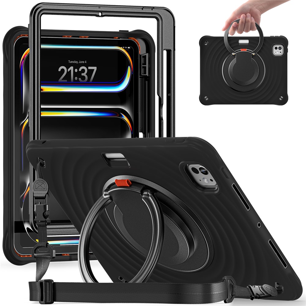For iPad Pro 11 (2025) / 11 (2024) Case with Shoulder Strap Kickstand PC+Silicone+TPU Tablet Cover - Black