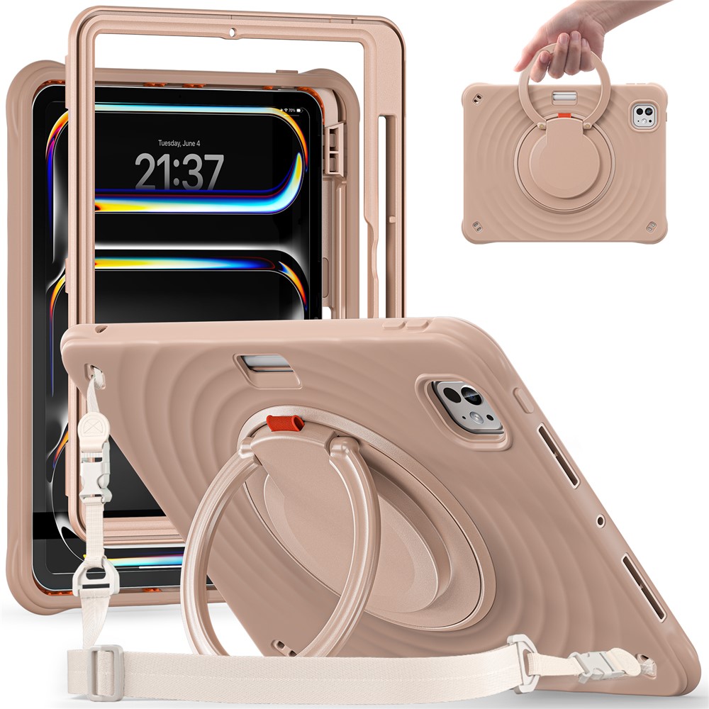 For iPad Pro 11 (2025) / 11 (2024) Case with Shoulder Strap Kickstand PC+Silicone+TPU Tablet Cover - Latte Color