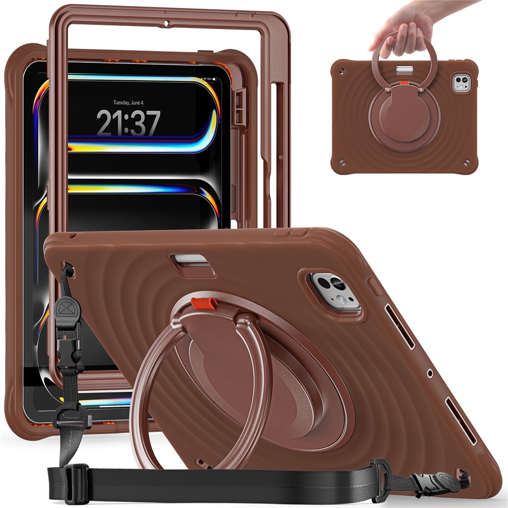 For iPad Pro 11 (2025) / 11 (2024) Case with Shoulder Strap Kickstand PC+Silicone+TPU Tablet Cover - Chocolate Color