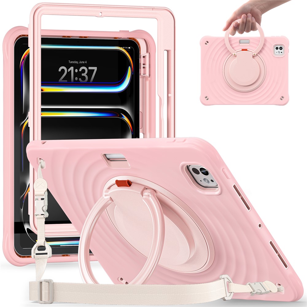 For iPad Pro 11 (2025) / 11 (2024) Case with Shoulder Strap Kickstand PC+Silicone+TPU Tablet Cover - Pink