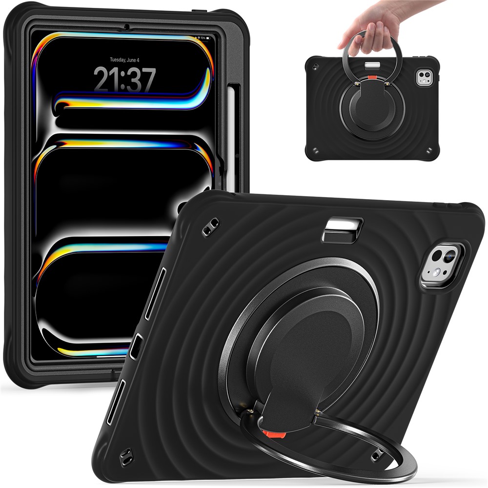 For iPad Pro 11 (2025) / 11 (2024) Case Rotatable Hand Grip Kickstand PC+Silicone+TPU Tablet Cover - Black