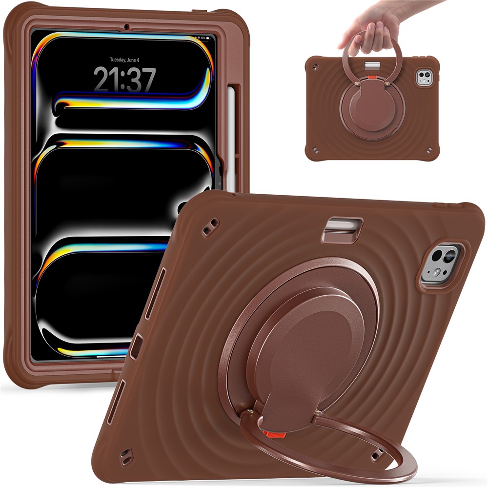 For iPad Pro 11 (2025) / 11 (2024) Case Rotatable Hand Grip Kickstand PC+Silicone+TPU Tablet Cover - Chocolate Color