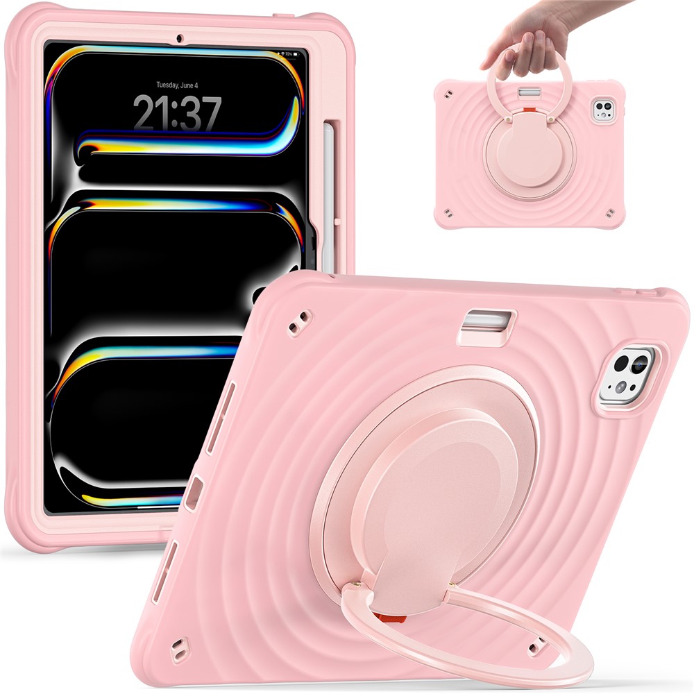 For iPad Pro 11 (2025) / 11 (2024) Case Rotatable Hand Grip Kickstand PC+Silicone+TPU Tablet Cover - Pink