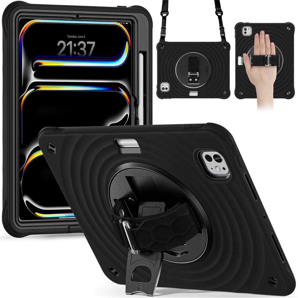 For iPad Pro 11 (2025) / 11 (2024) Case Kickstand Silicone Hand Strap Tablet Cover with Shoulder Strap - Black