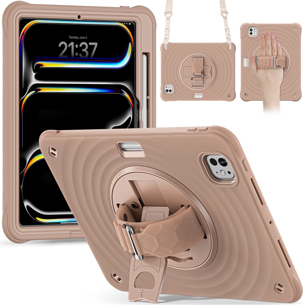 For iPad Pro 11 (2025) / 11 (2024) Case Kickstand Silicone Hand Strap Tablet Cover with Shoulder Strap - Latte Color